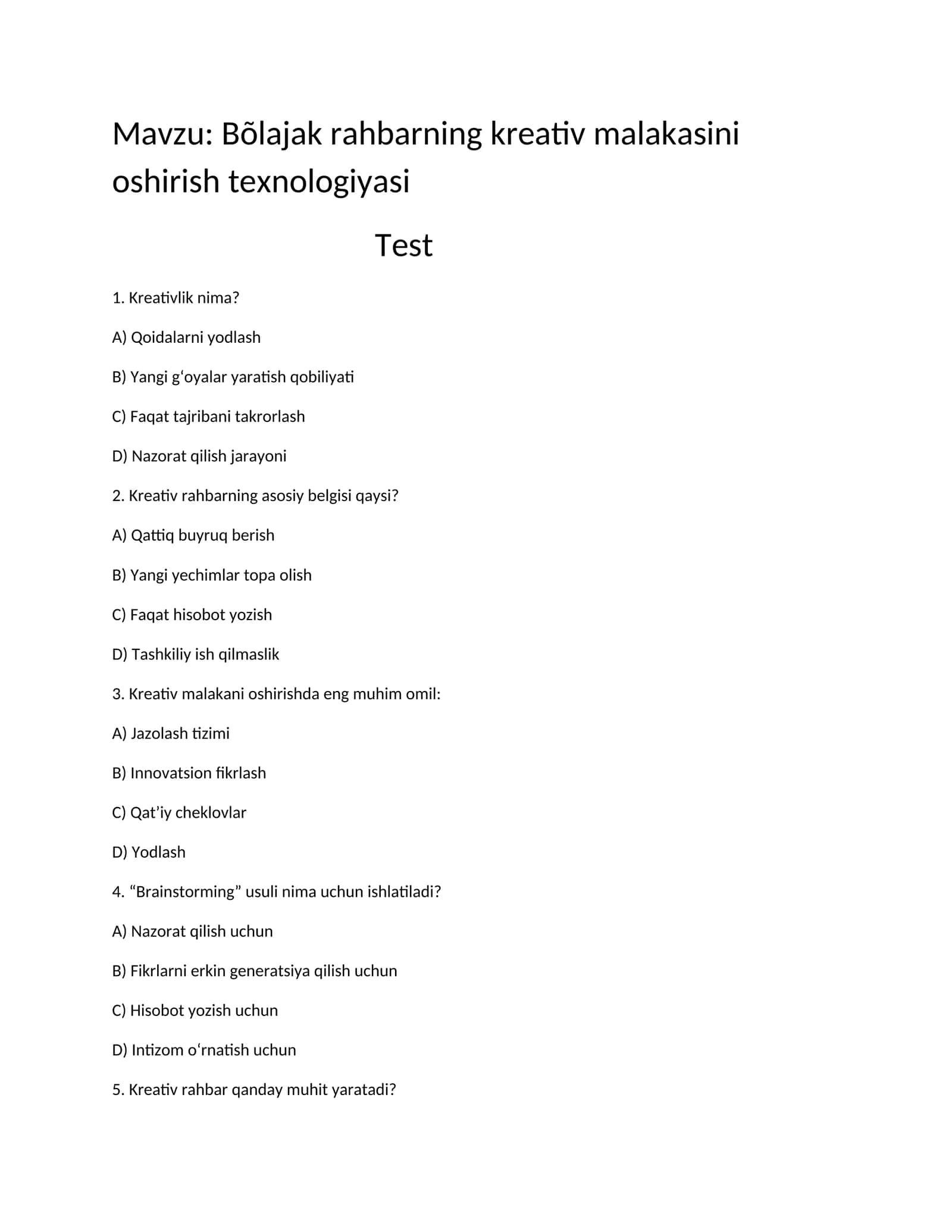 Bõlajak rahbarning kreativ malakasini oshirish texnologiyasi 1