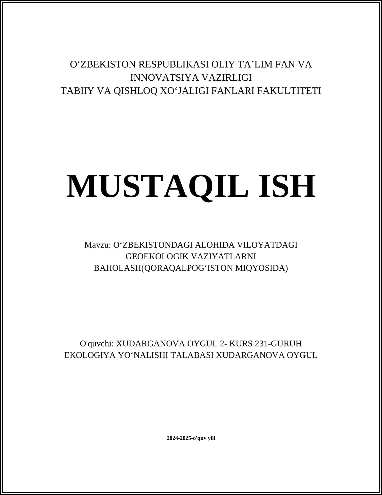 OʻZBEKISTONDAGI ALOHIDA VILOYATDAGI GEOEKOLOGIK VAZIYATLARNI BAHOLASH(QORAQALPOGʻISTON MIQYOSIDA) 1