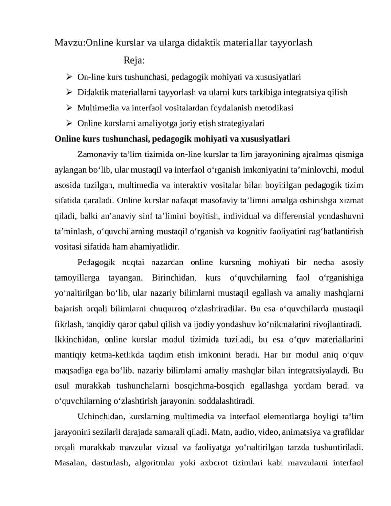Online kurslar va ularga didaktik materiallar tayyorlash 1