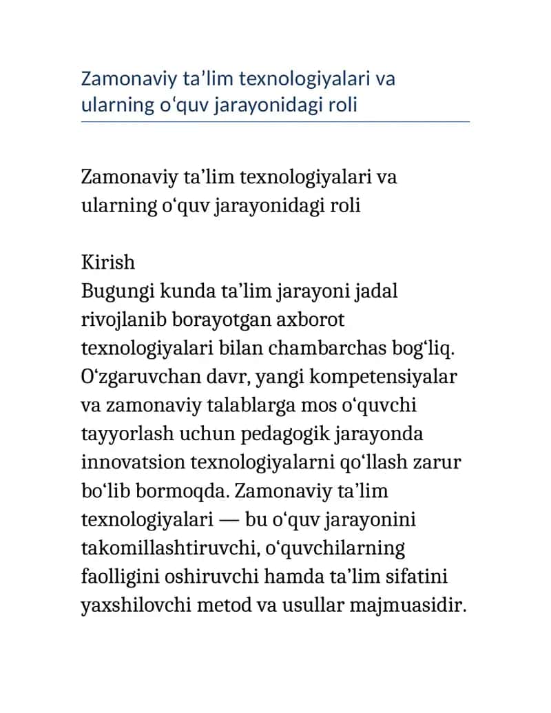 “Pedagogika: Zamonaviy ta’lim texnologiyalari – 12 betlik referat (DOCX)” 1