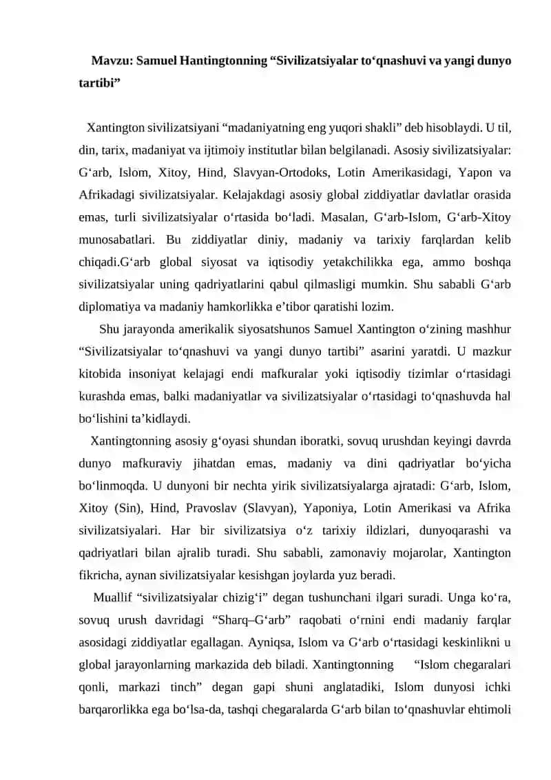 Samuel Hantingtonning “Sivilizatsiyalar to‘qnashuvi va yangi dunyo tartibi”