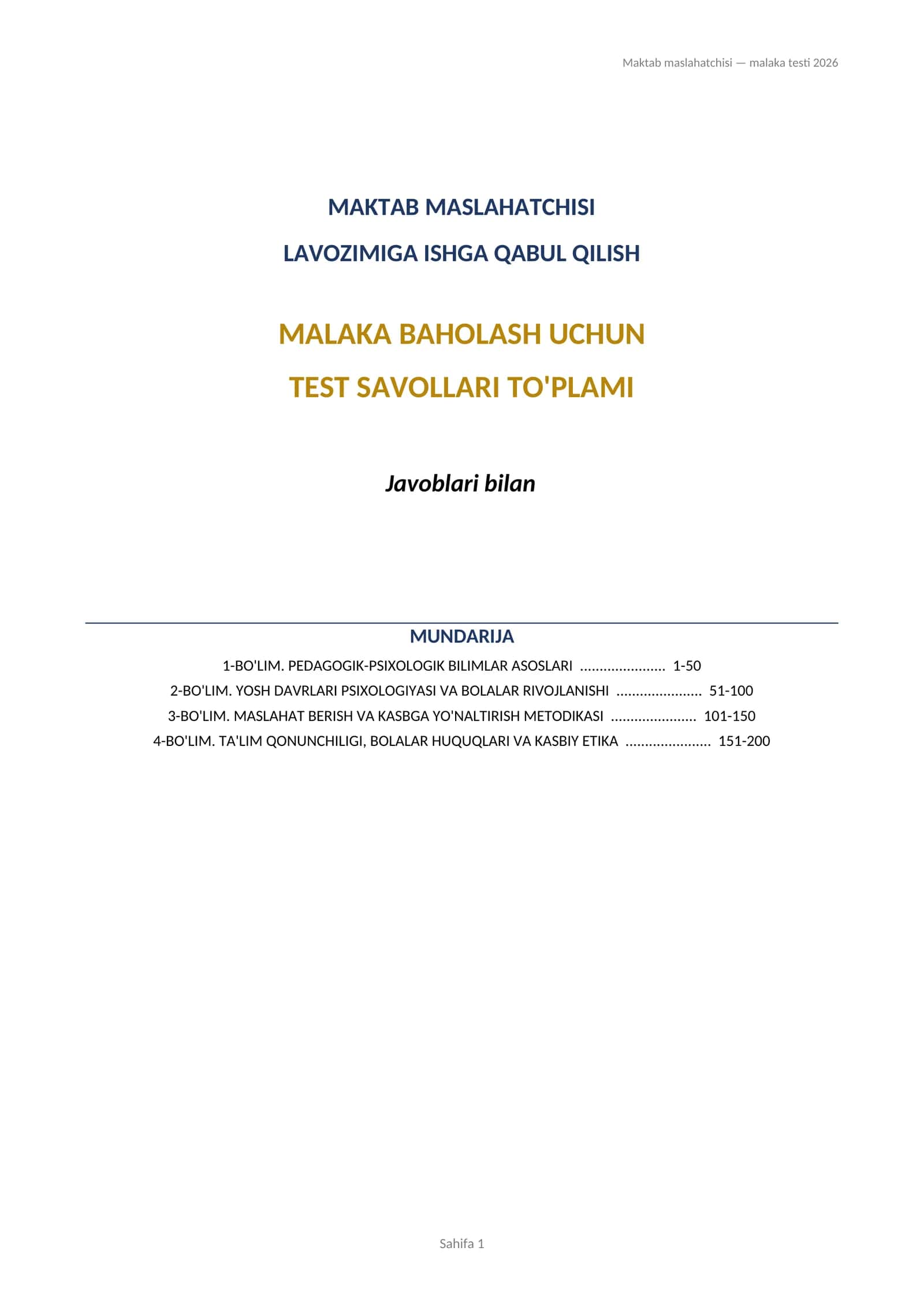 Maktab maslahatchisi test yangi javoblari bilan 4 ta bo'limdan 1