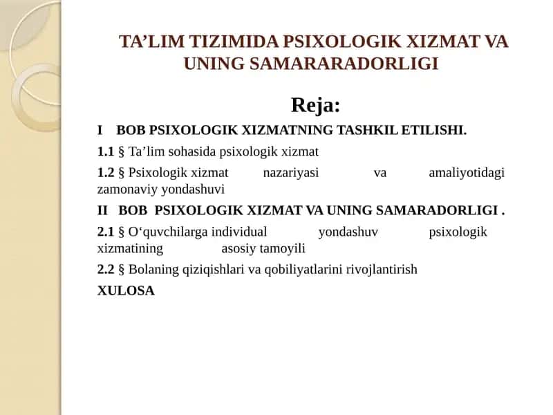 TA’LIM TIZIMIDA PSIXOLOGIK XIZMAT VA UNING SAMARARADORLIGI 1