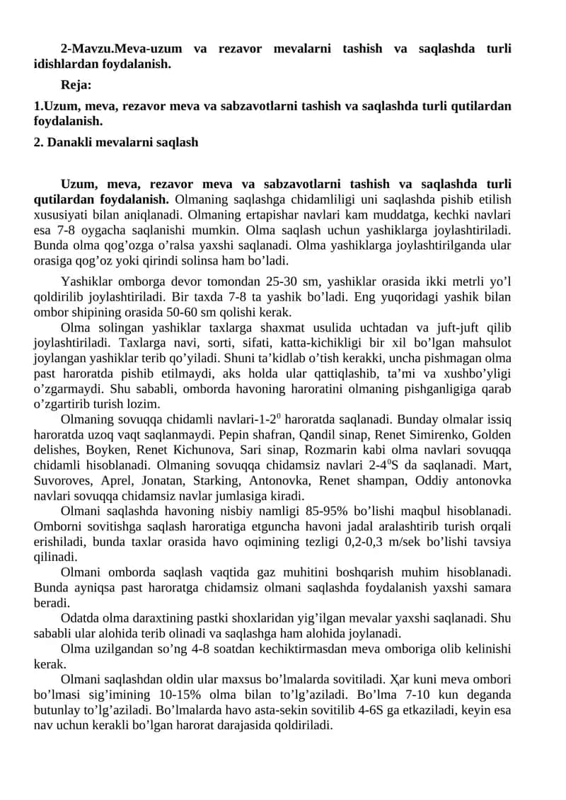 Meva-uzum va rezavor mevalarni tashish va saqlash 1