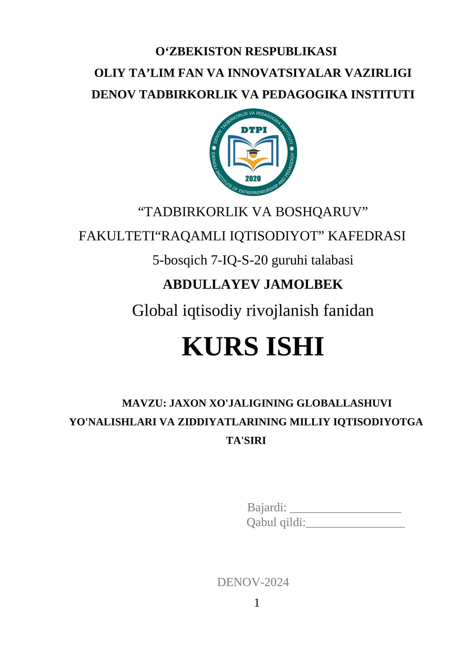 JAXON XO'JALIGINING GLOBALLASHUVI YO'NALISHLARI VA ZIDDIYATLARINING MILLIY IQTISODIYOTGA TA'SIRI 1