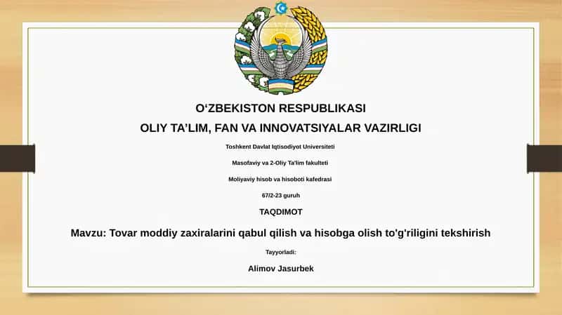 Tovar moddiy zaxiralarini qabul qilish va hisobga olish to'g'riligini tekshirish 1