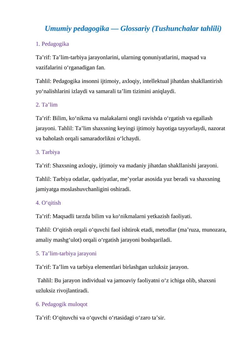 Umumiy pedagogika — Glossariy (Tushunchalar tahlili) 1
