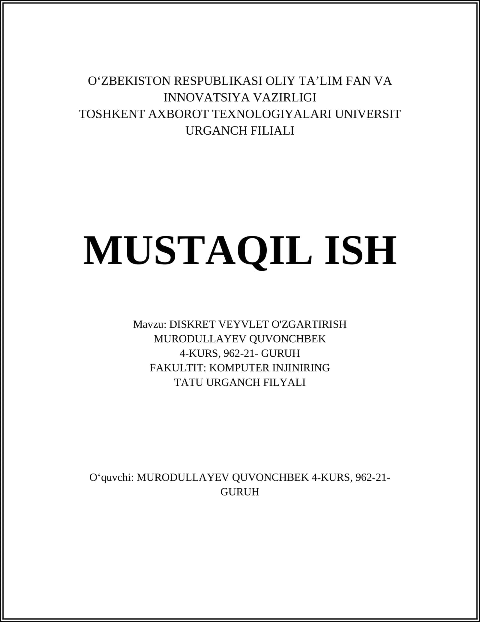 DISKRET VEYVLET O'ZGARTIRISH 1