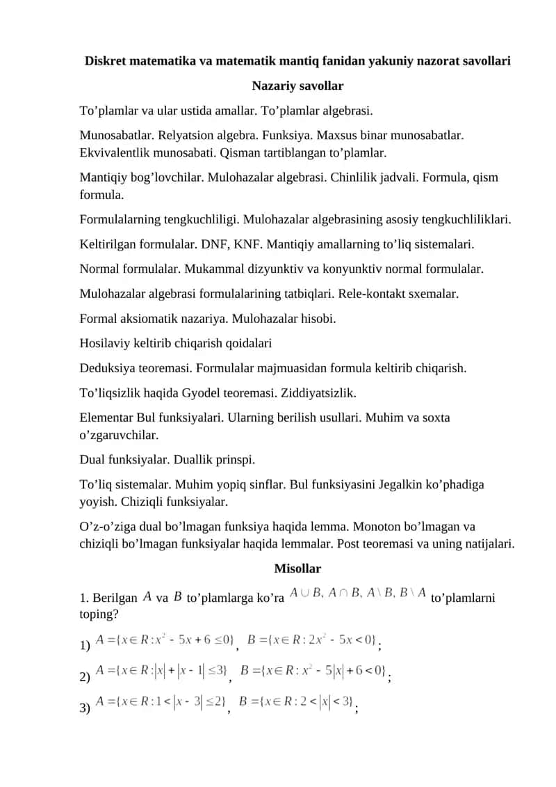 Diskret matematika va matematik mantiq fanidan yakuniy nazorat savollari 1