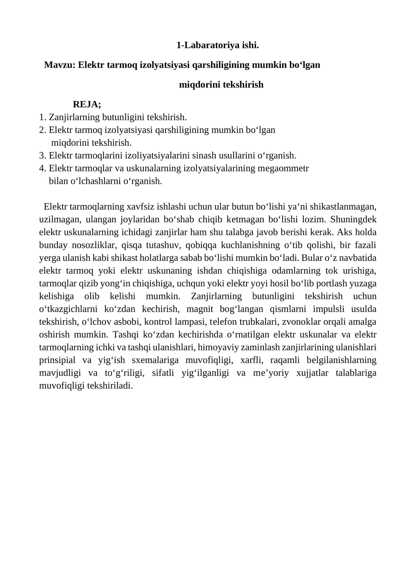 Elеktr tarmoq izolyatsiyasi qarshiligining mumkin bo‘lgan miqdorini tеkshirish 1