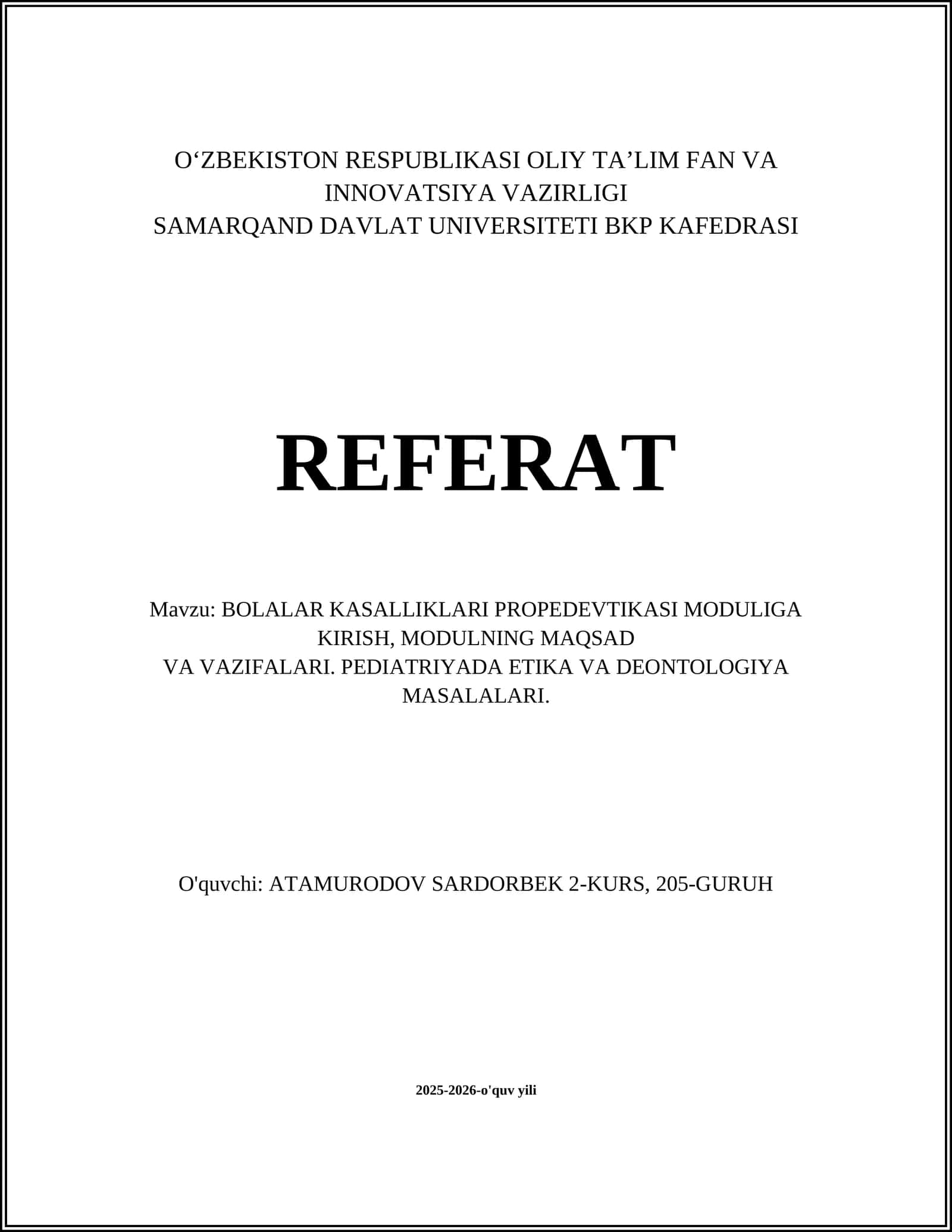 BOLALAR KASALLIKLARI PROPEDEVTIKASI MODULIGA 1
