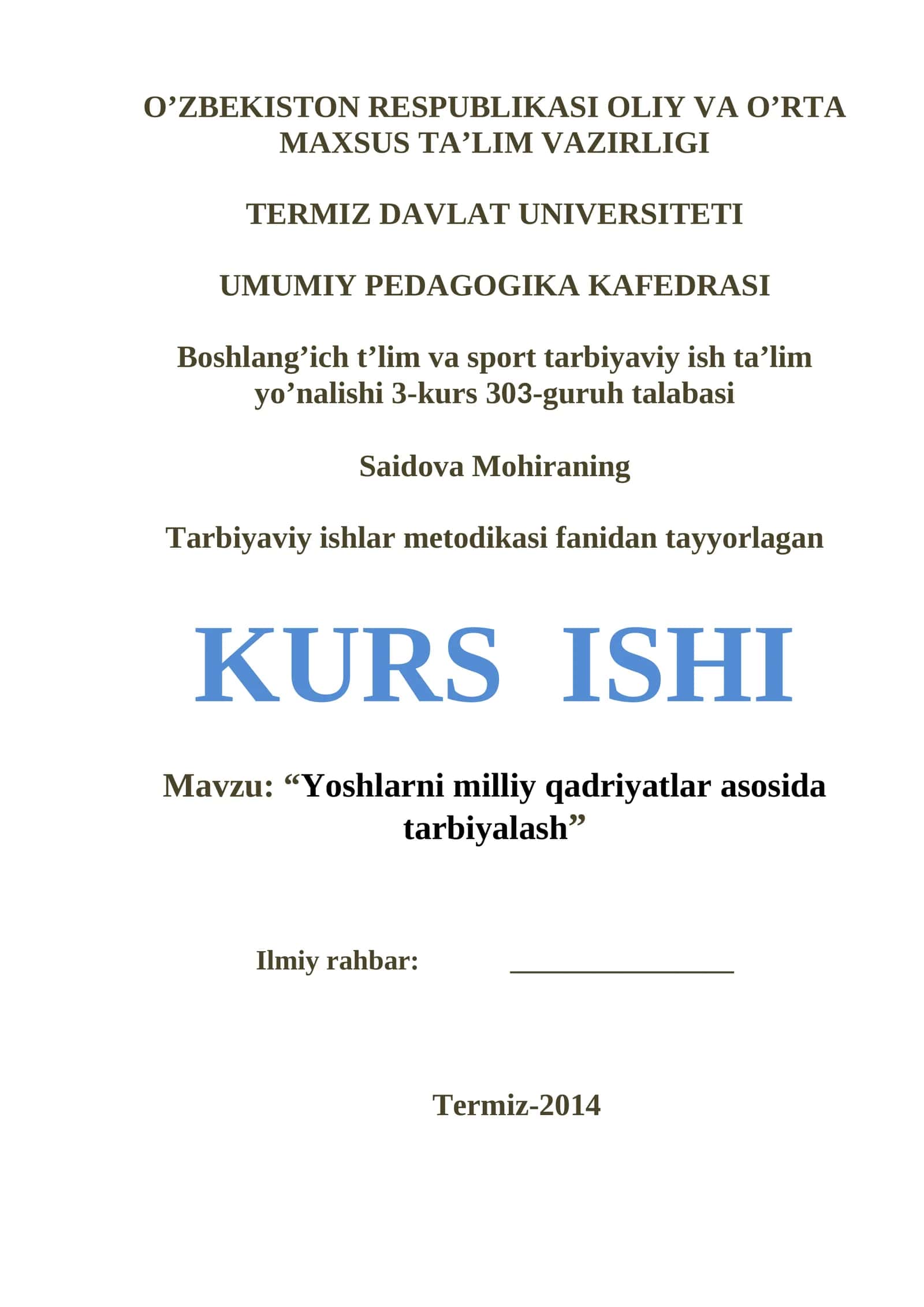 Yoshlarni milliy qadriyatlar asosida tarbiyalash 1
