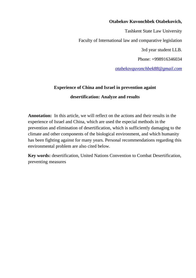 Experience of China and Israel in prevention against desertification: Analyze and results 1