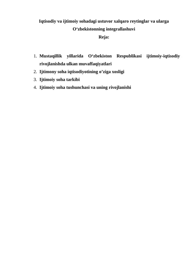 Iqtisodiy va ijtimoiy sohadagi ustuvor xalqaro reytinglar va ularga Oʻzbekistonning integrallashuvi 1
