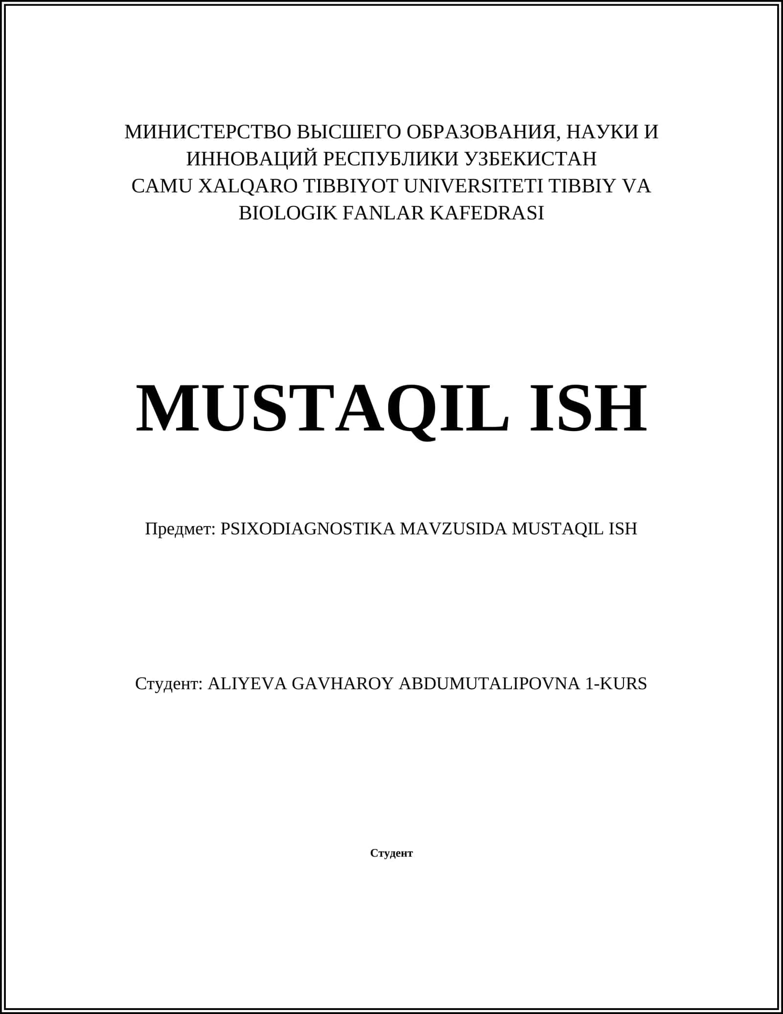PSIXODIAGNOSTIKA MAVZUSIDA MUSTAQIL ISH 1