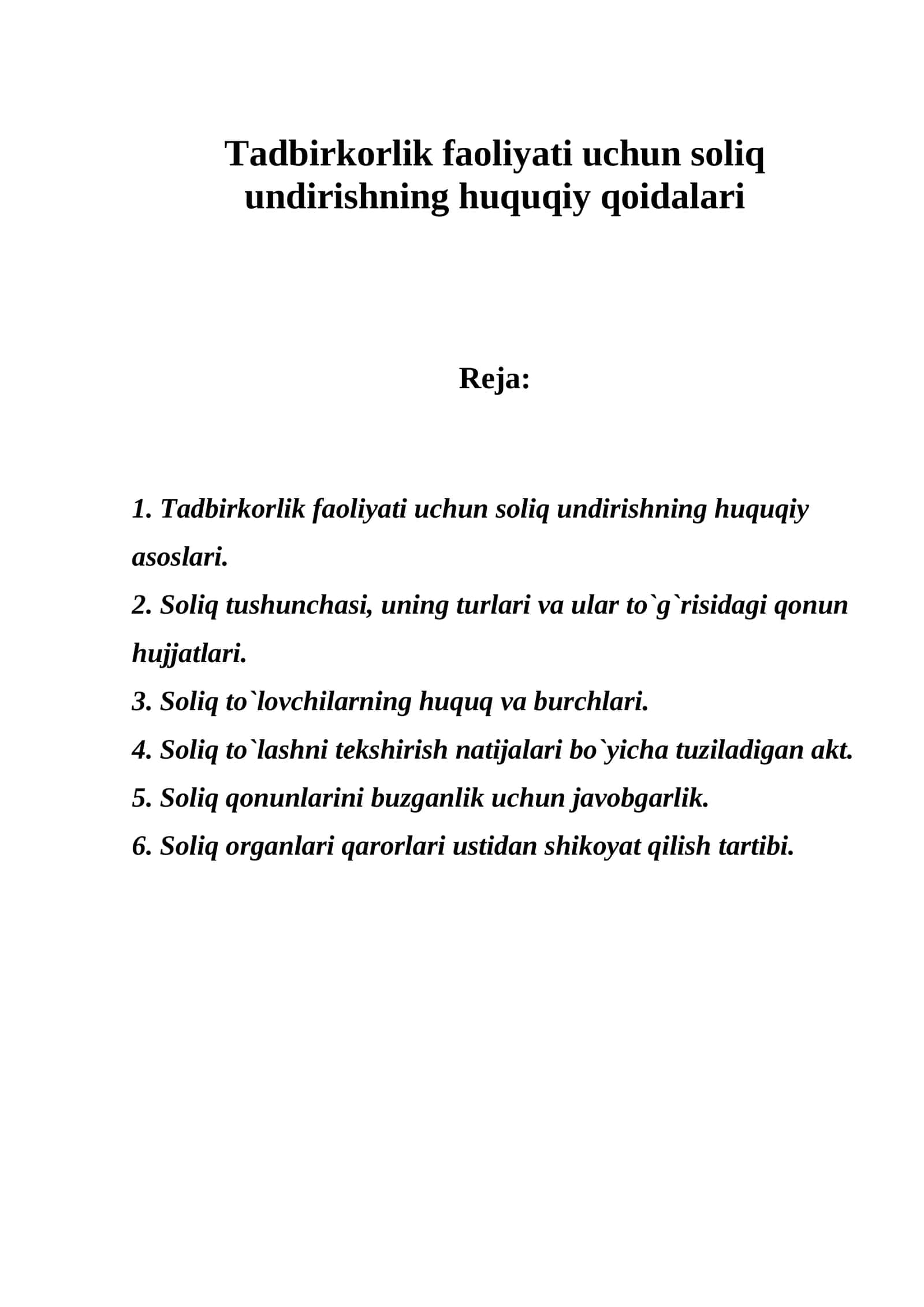 Tadbirkorlik faoliyati uchun soliq undirishning huquqiy qoidalari 1