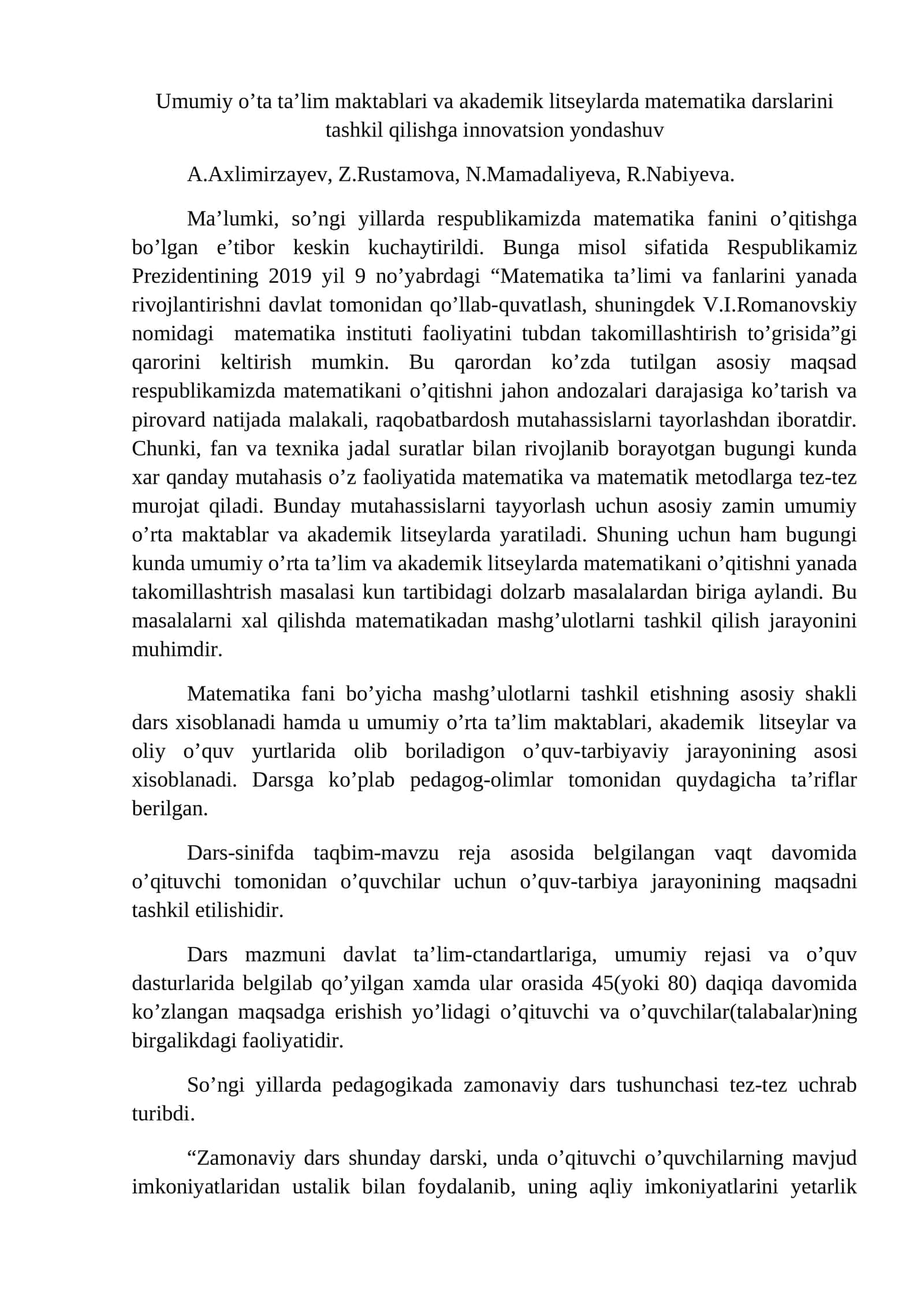 Matematika fanini o’qitish innovatsion yondashuv 1