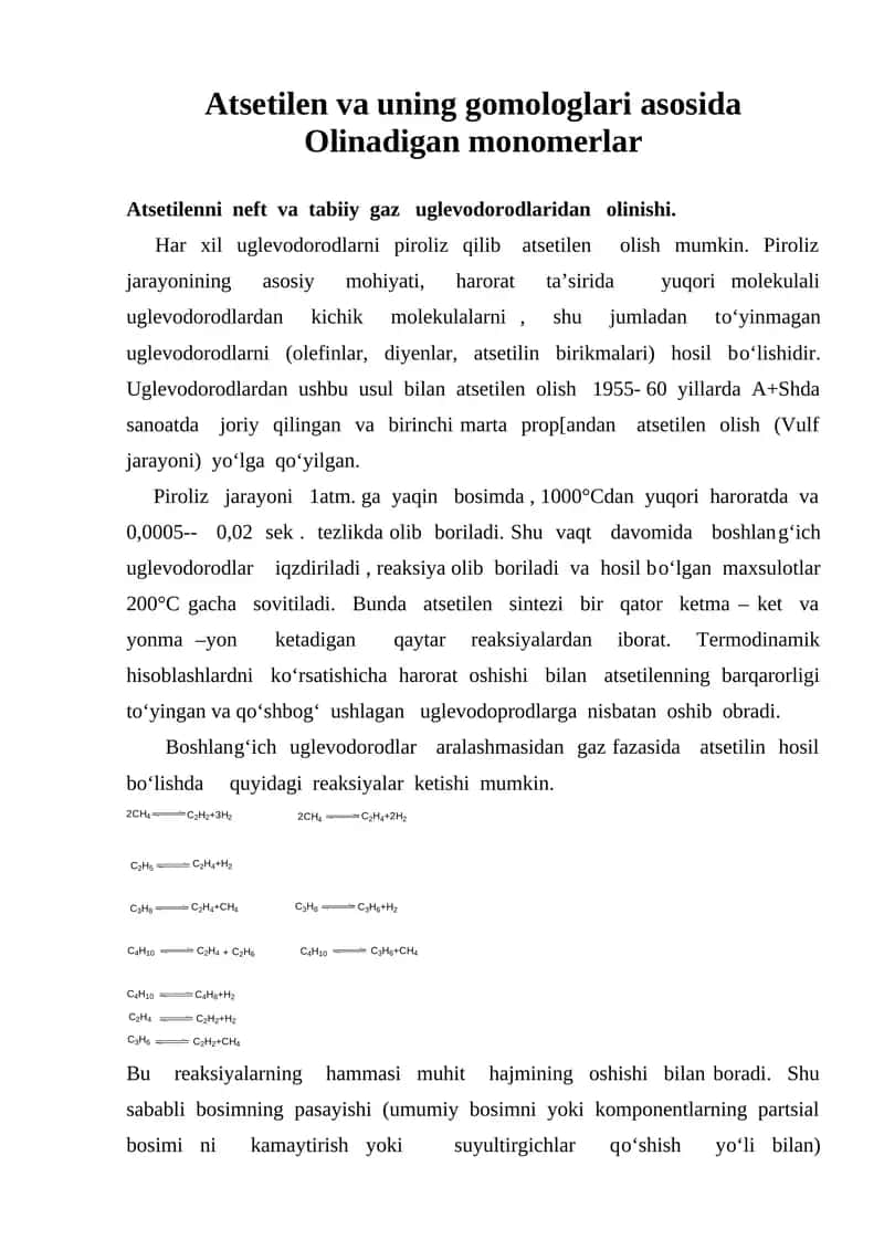 Atsetilen va uning gomologlari asosida Olinadigan monomerlar 1