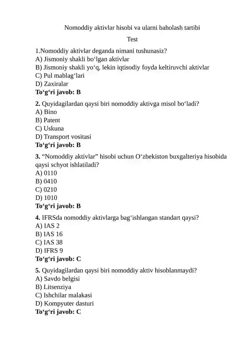Nomoddiy aktivlar hisobi va ularni baholash tartibi test