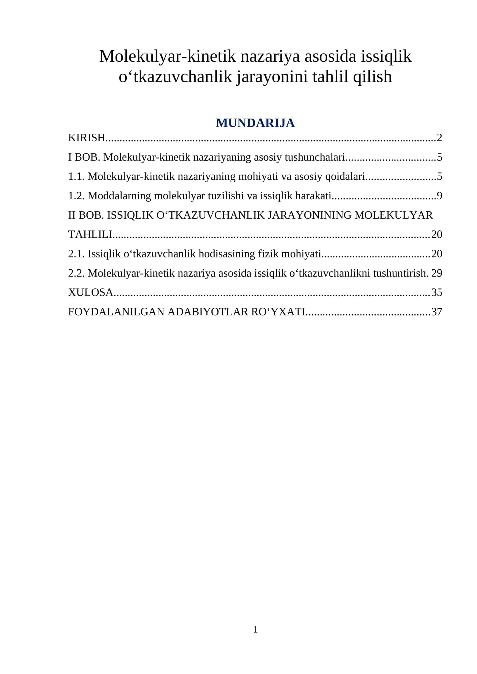 Molekulyar-kinetik nazariya asosida issiqlik o‘tkazuvchanlik jarayonini tahlil qilish 1