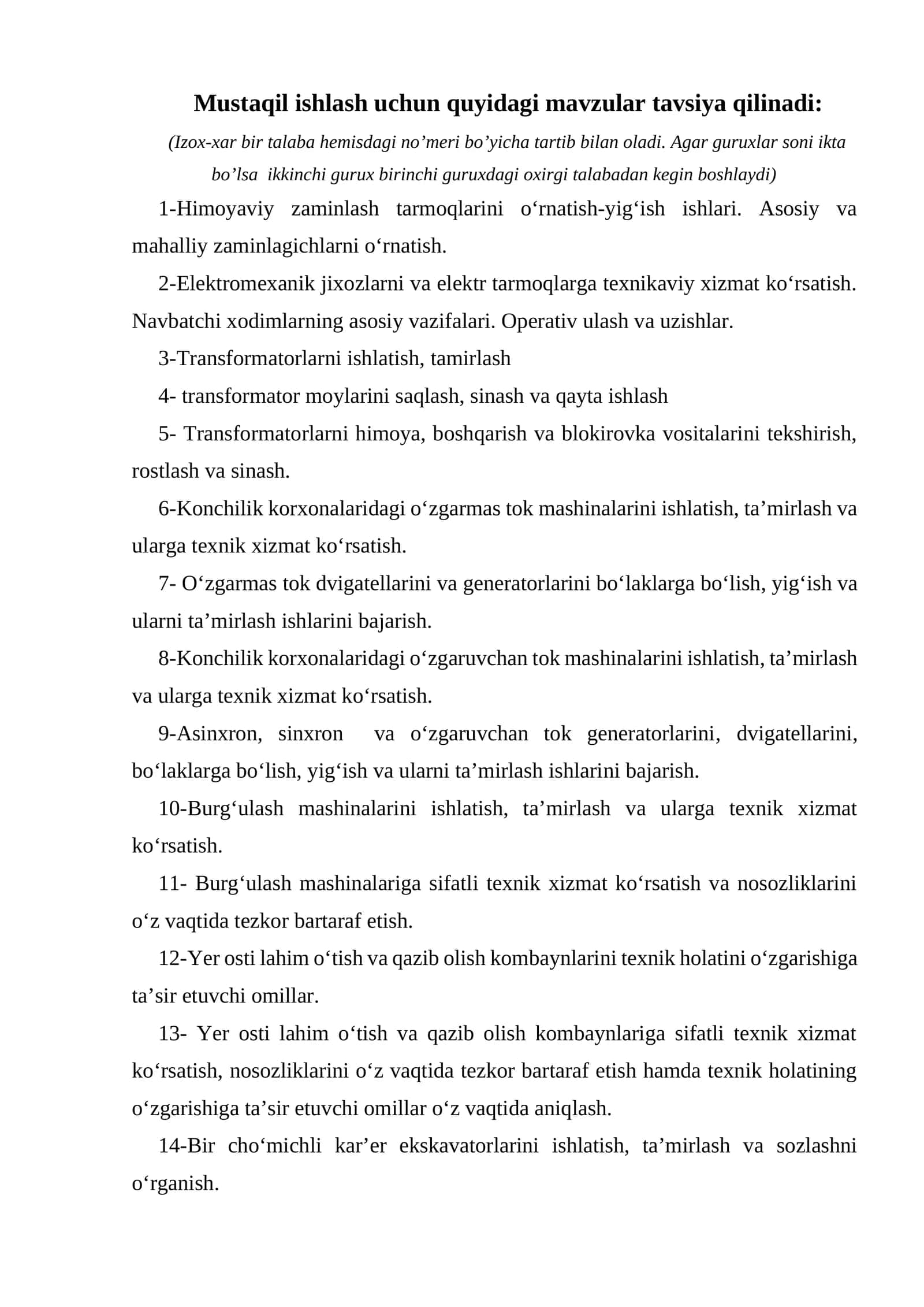 Mustaqil ishlash uchun quyidagi mavzular tavsiya qilinadi 1