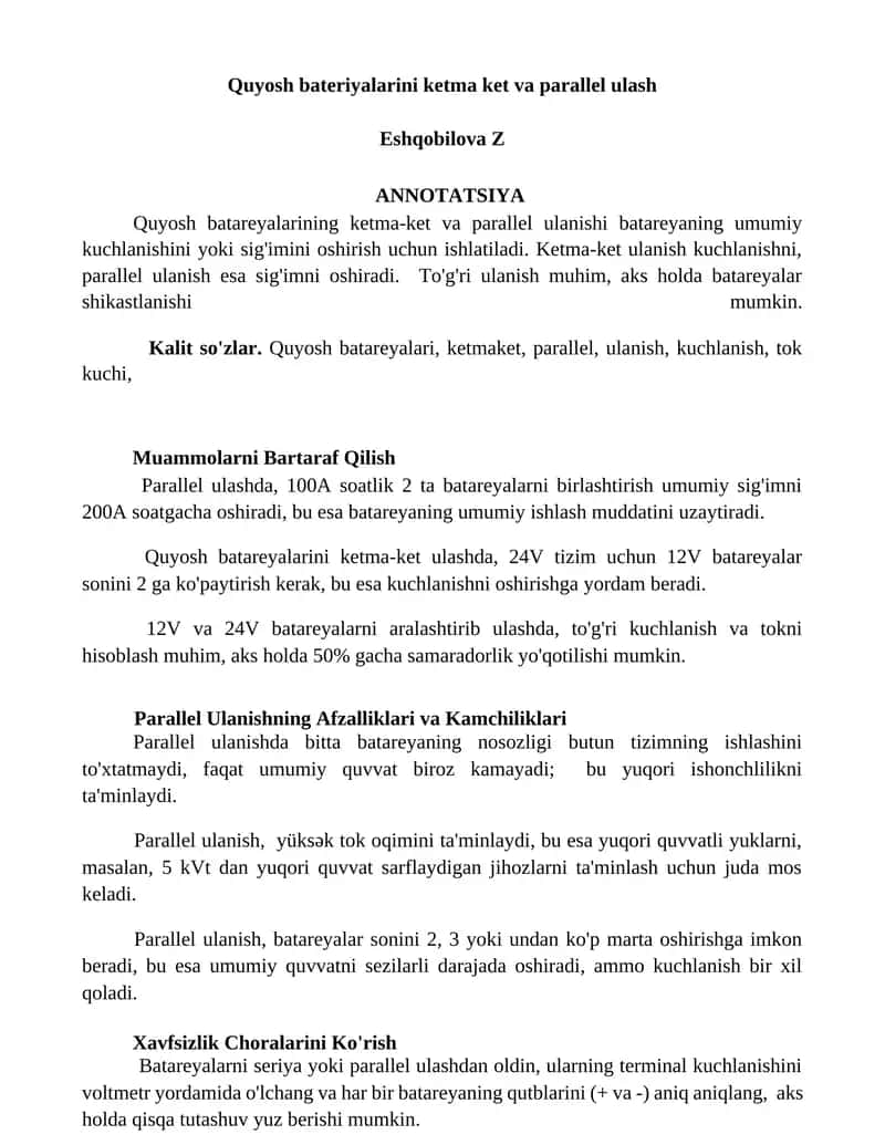 Quyosh batareyalarini ketma ket va parallel ulash 1