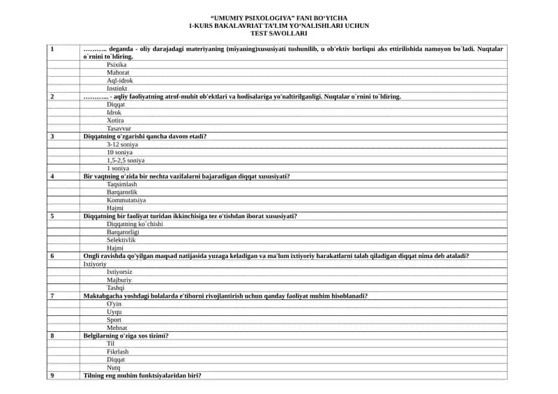 “UMUMIY PSIXOLOGIYA” FANI BO‘YICHA  1-KURS BAKALAVRIAT TA’LIM YO‘NALISHLARI UCHUN  TEST SAVOLLARI 1