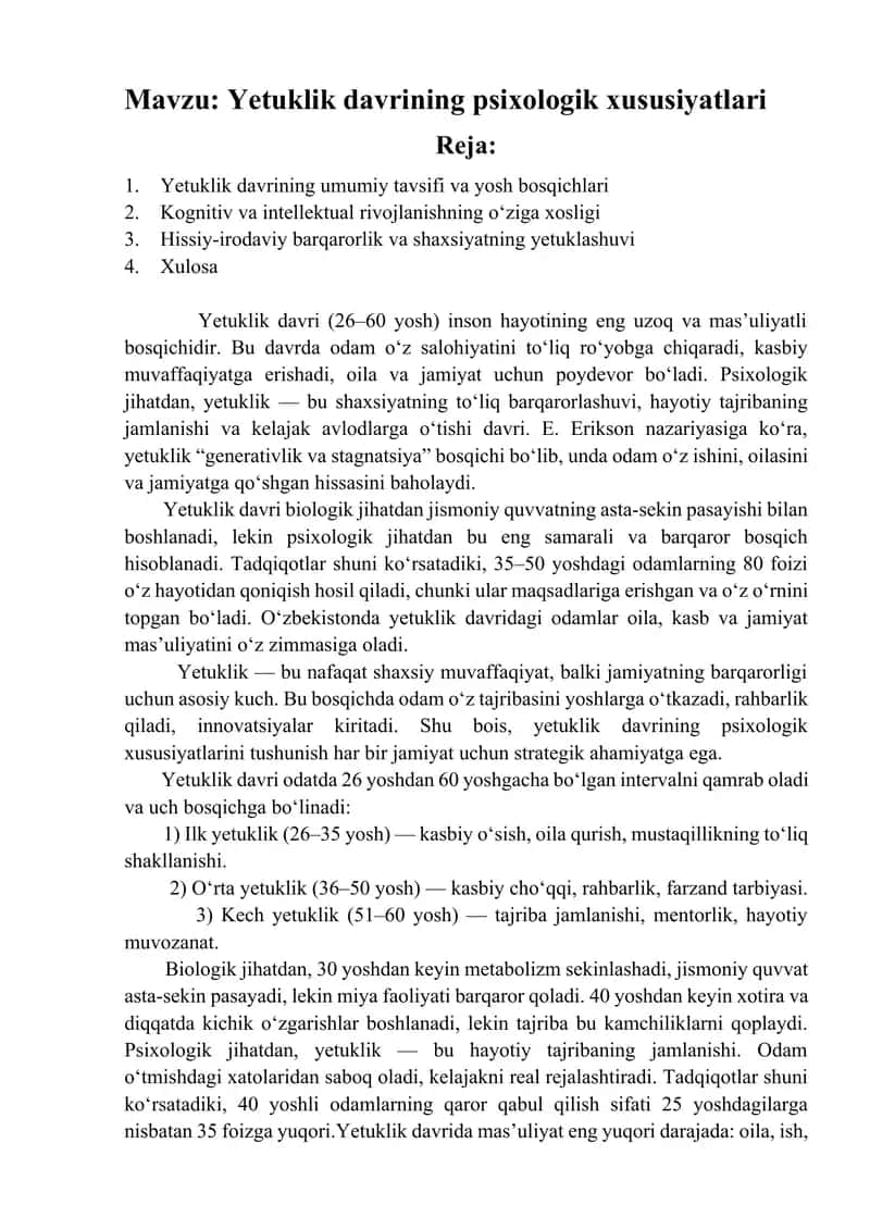 Yetuklik davrining psixologik xususiyatlari. 1