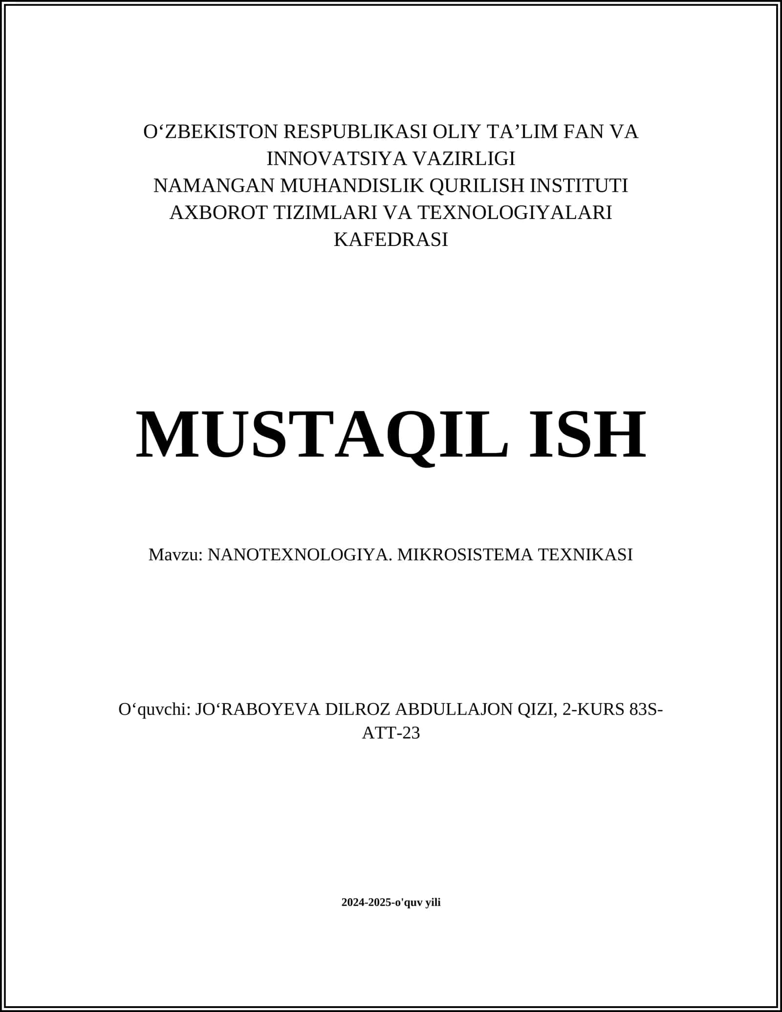 NANOTEXNOLOGIYA. MIKROSISTEMA TEXNIKASI 1