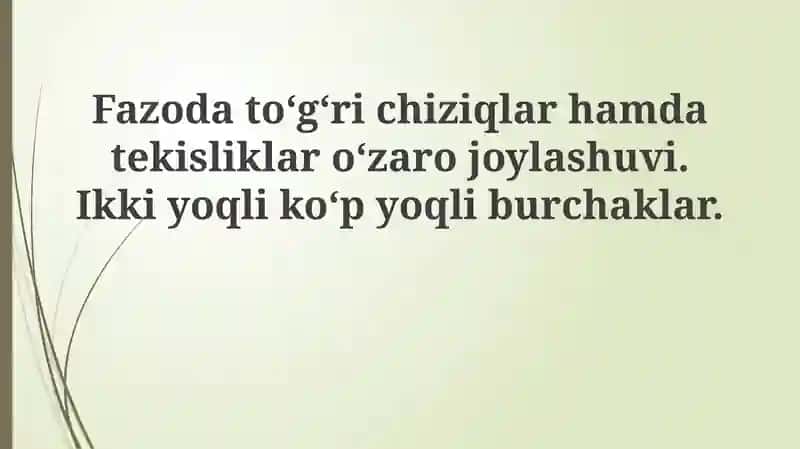Fazodatoʻgʻrichiziqlarhamdatekisliklaroʻzarojoylashuvi