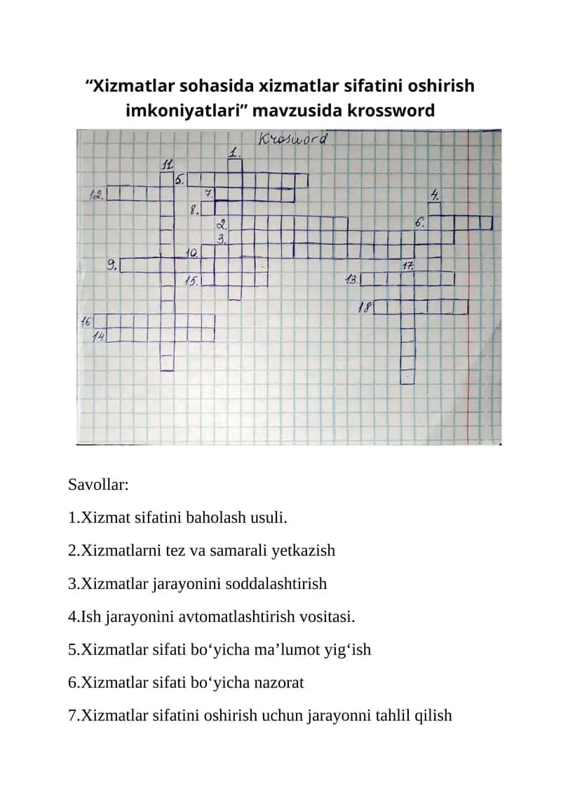 Xizmatlar sohasida xizmatlar sifatini oshirish imkoniyatlari krossword 1