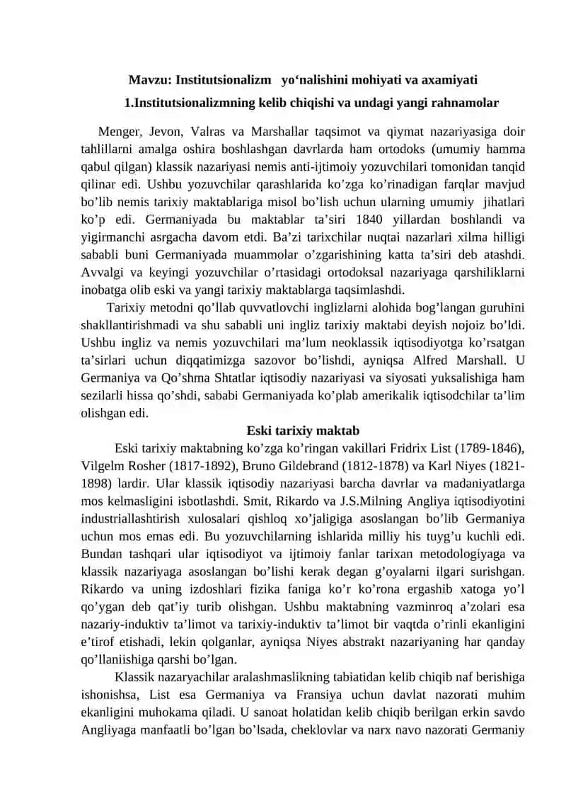 Institutsionalizmning axamiyati va mohiyati