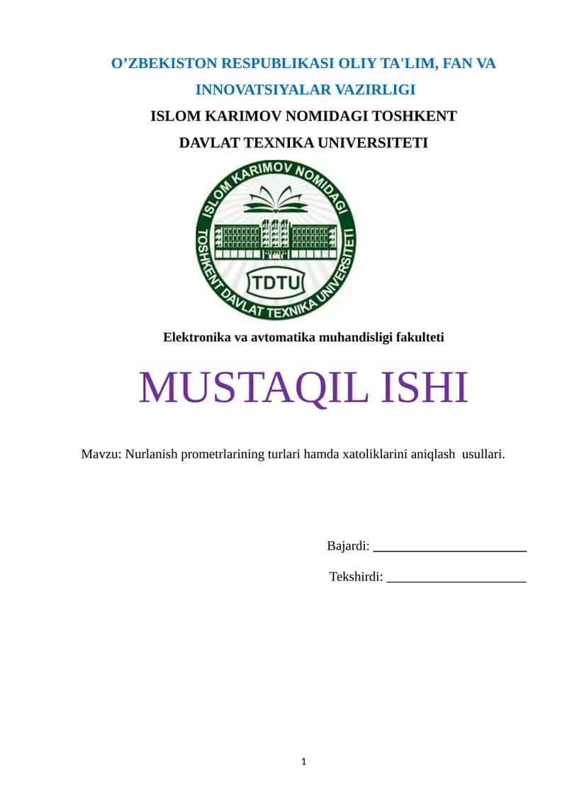 Nurlanish prometrlarining turlari hamda xatoliklarini aniqlash usullari 1