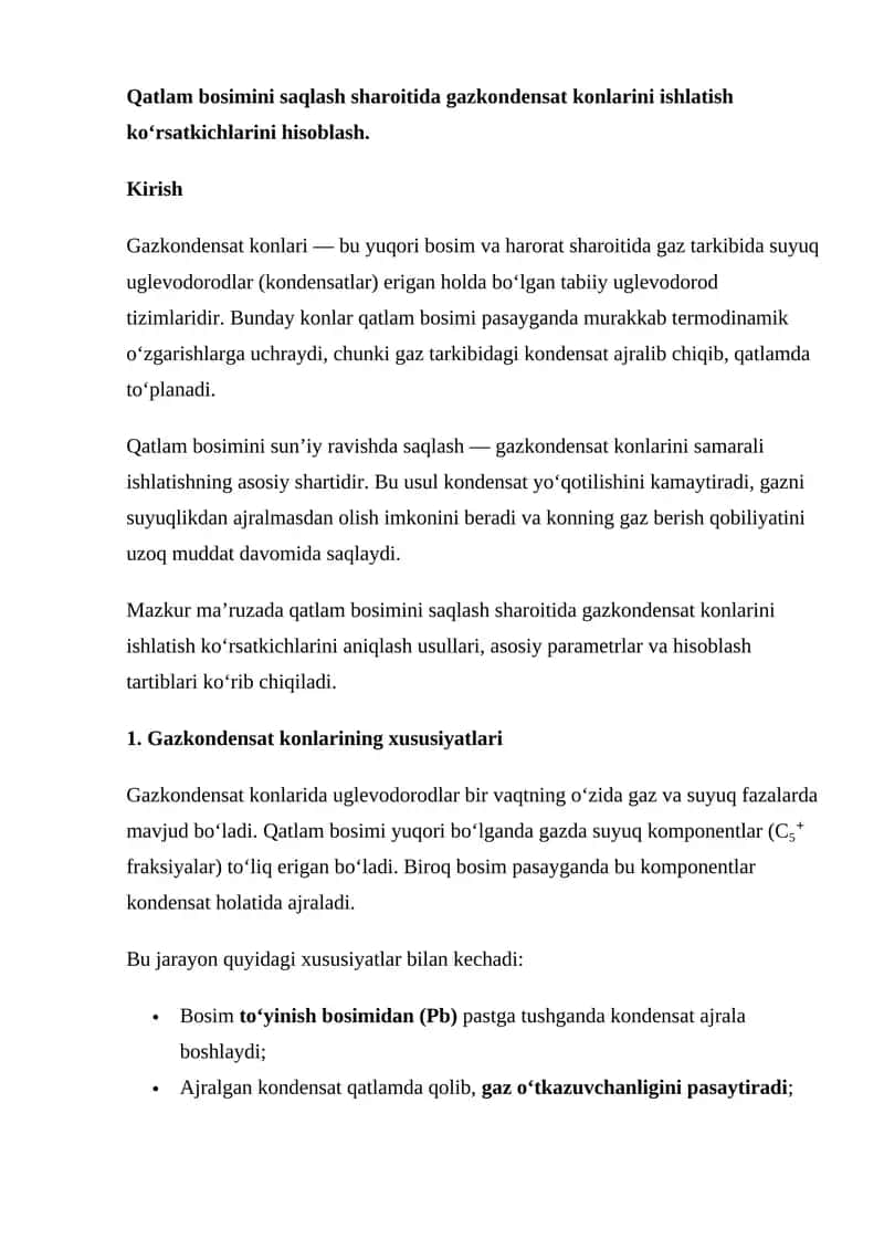 Gazkondensat konlarini ishlatish ko‘rsatkichlarini hisoblash 1