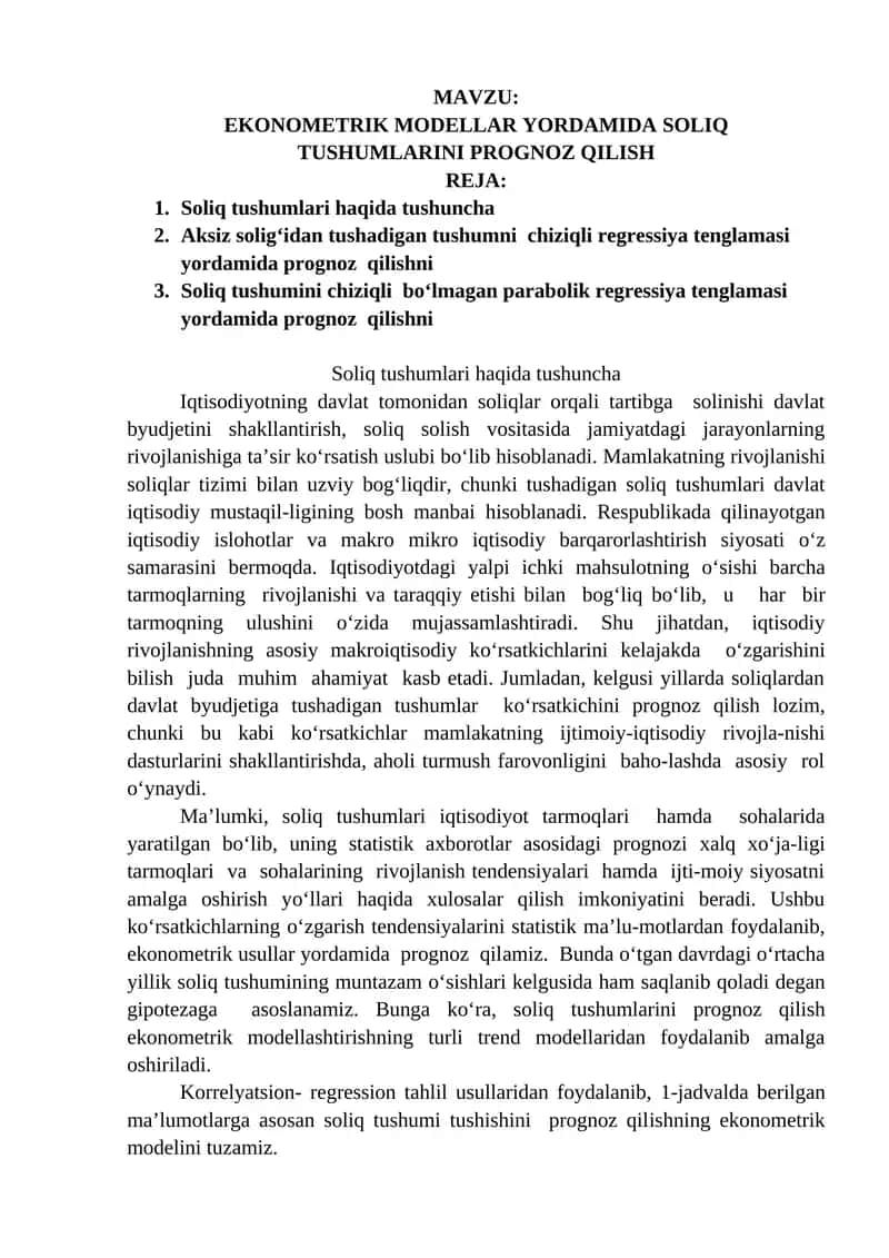 EKONOMETRIK MODELLAR YORDAMIDA SOLIQ TUSHUMLARINI PROGNOZ QILISH 1