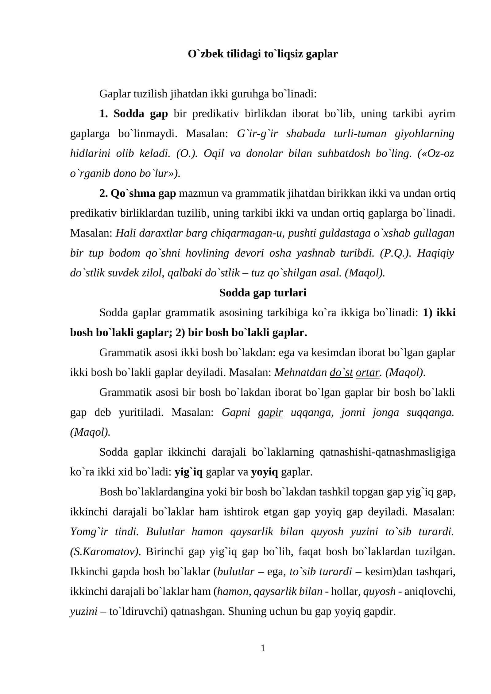 O`zbek tilidagi to`liqsiz gaplar 1