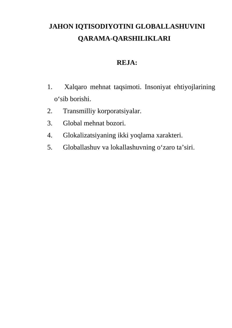 Jahon iqtisodiyotini globallashtirish 1