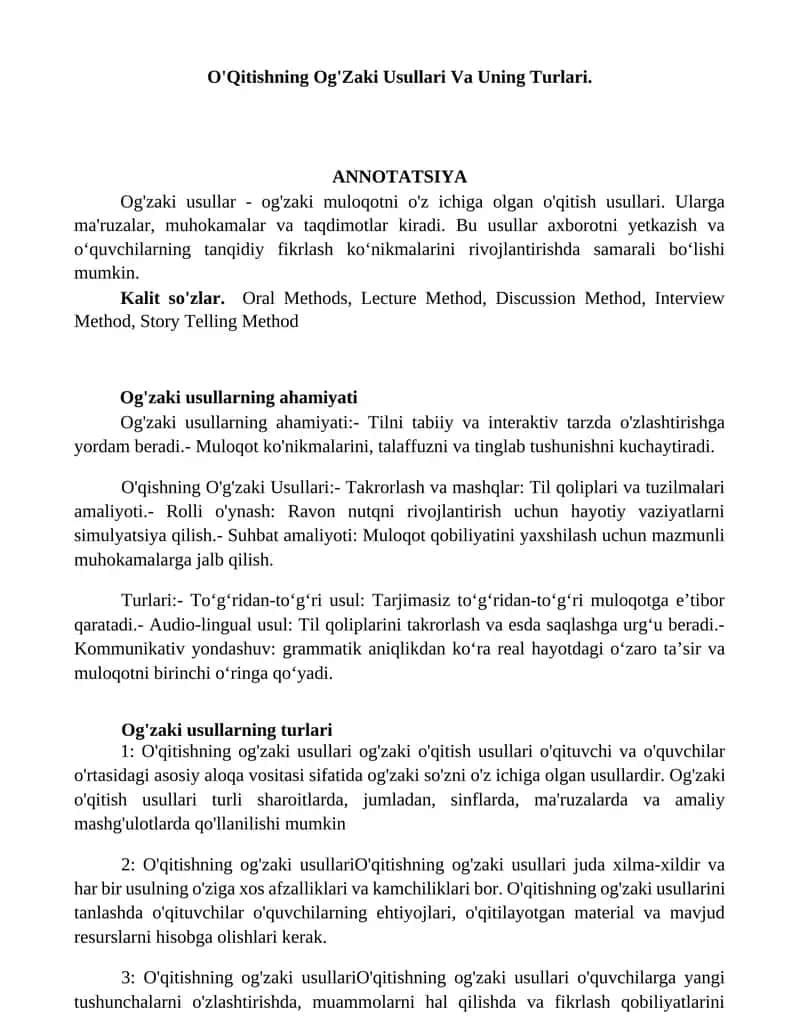 O'Qitishning Og'Zaki Usullari Va Uning Turlari 1