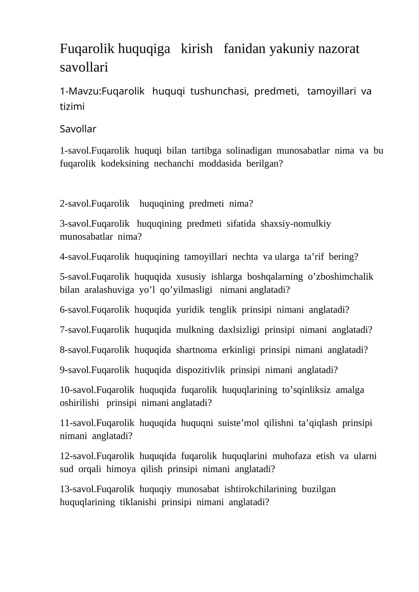 Fuqarolik huquqiga kirish fanidan yakuniy nazorat savollari 1