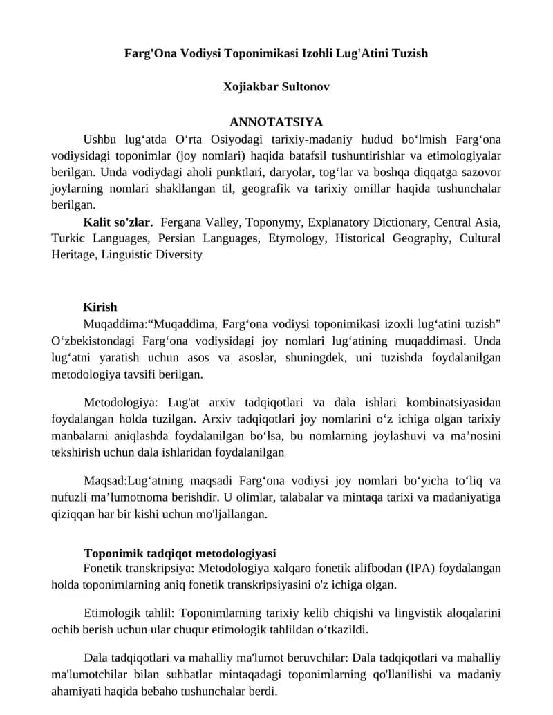 Farg'Ona Vodiysi Toponimikasi Izohli Lug'Atini Tuzish 1