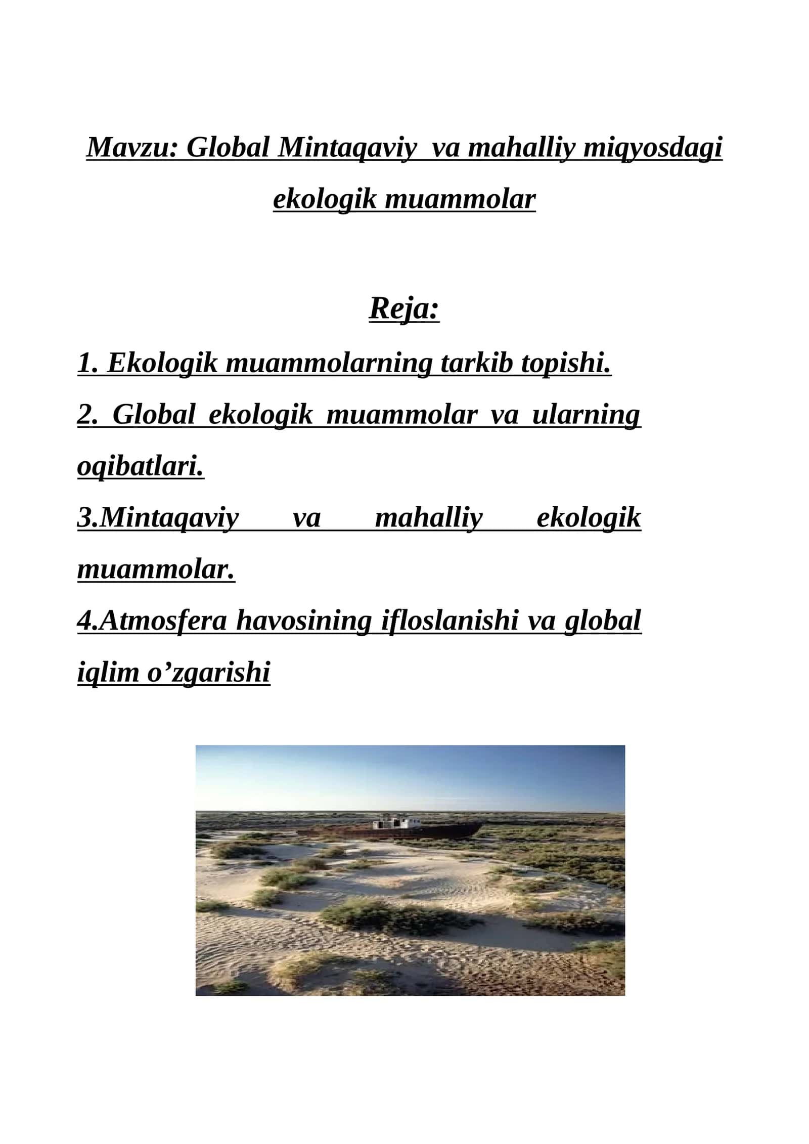 Global Mintaqaviy va mahalliy miqyosdagi ekologik muammolar 1