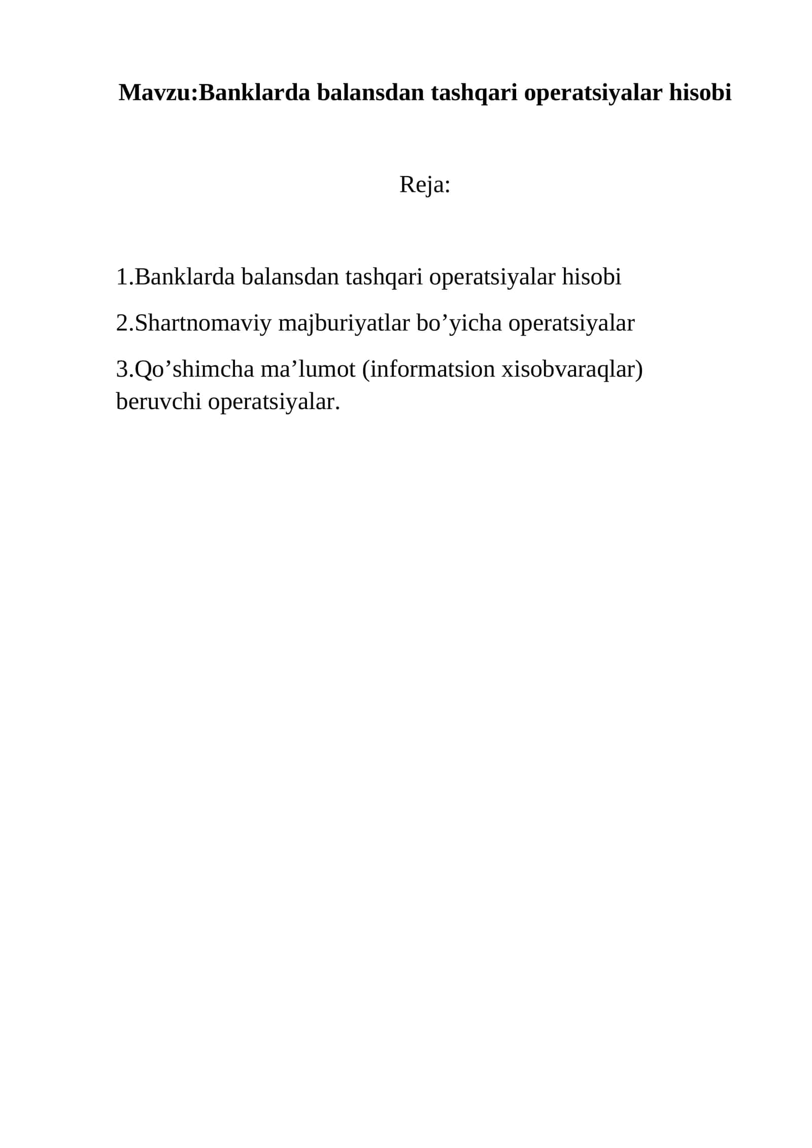 Banklarda balansdan tashqari operatsiyalar hisobi 1