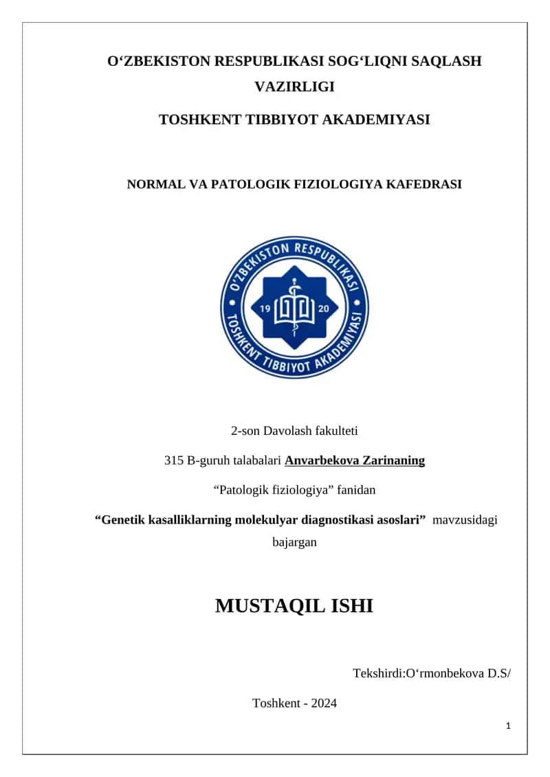 Genetik kasalliklarning molekulyar diagnostikasi asoslari 1