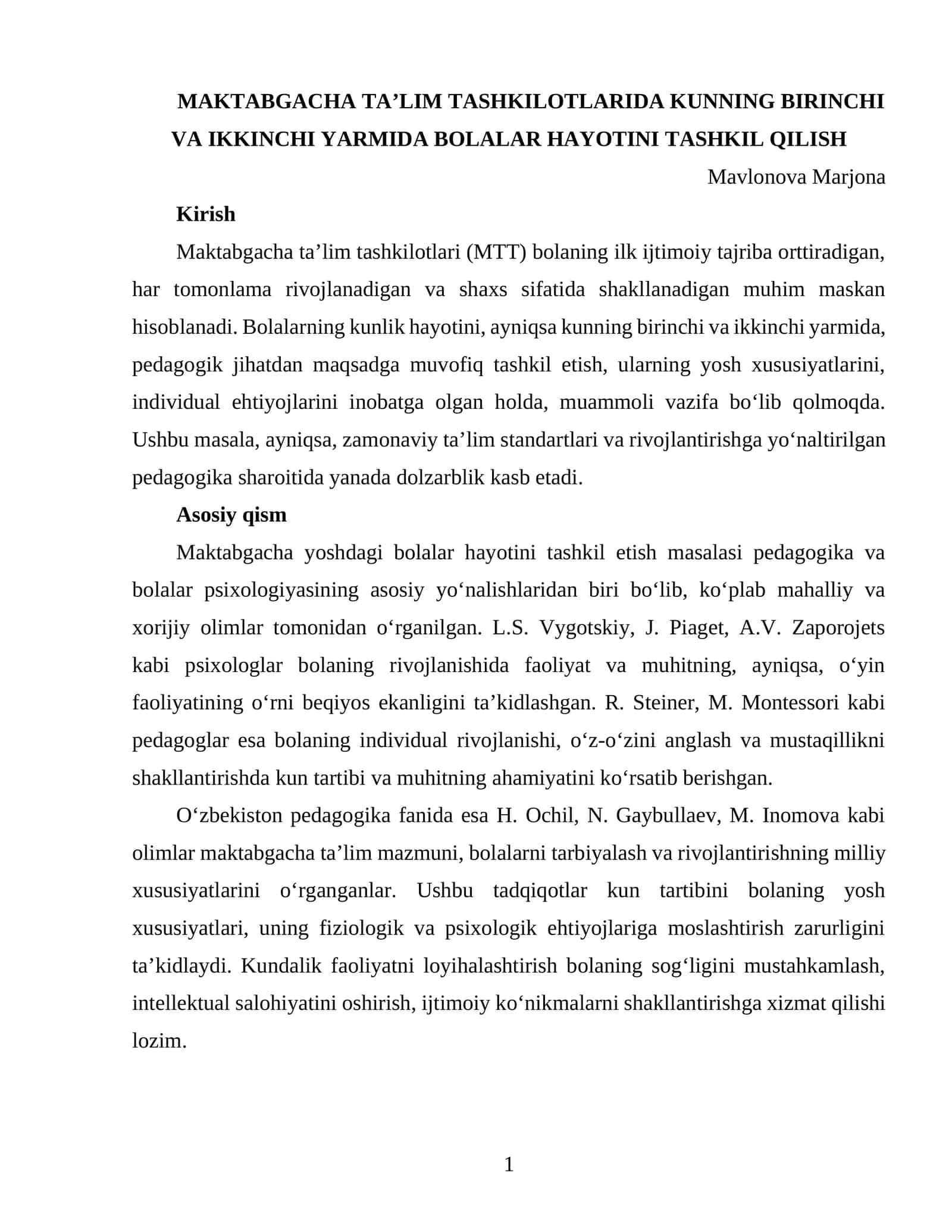 MAKTABGACHA TA’LIM TASHKILOTLARIDA KUNNING BIRINCHI VA IKKINCHI YARMIDA BOLALAR HAYOTINI TASHKIL QILISH 1