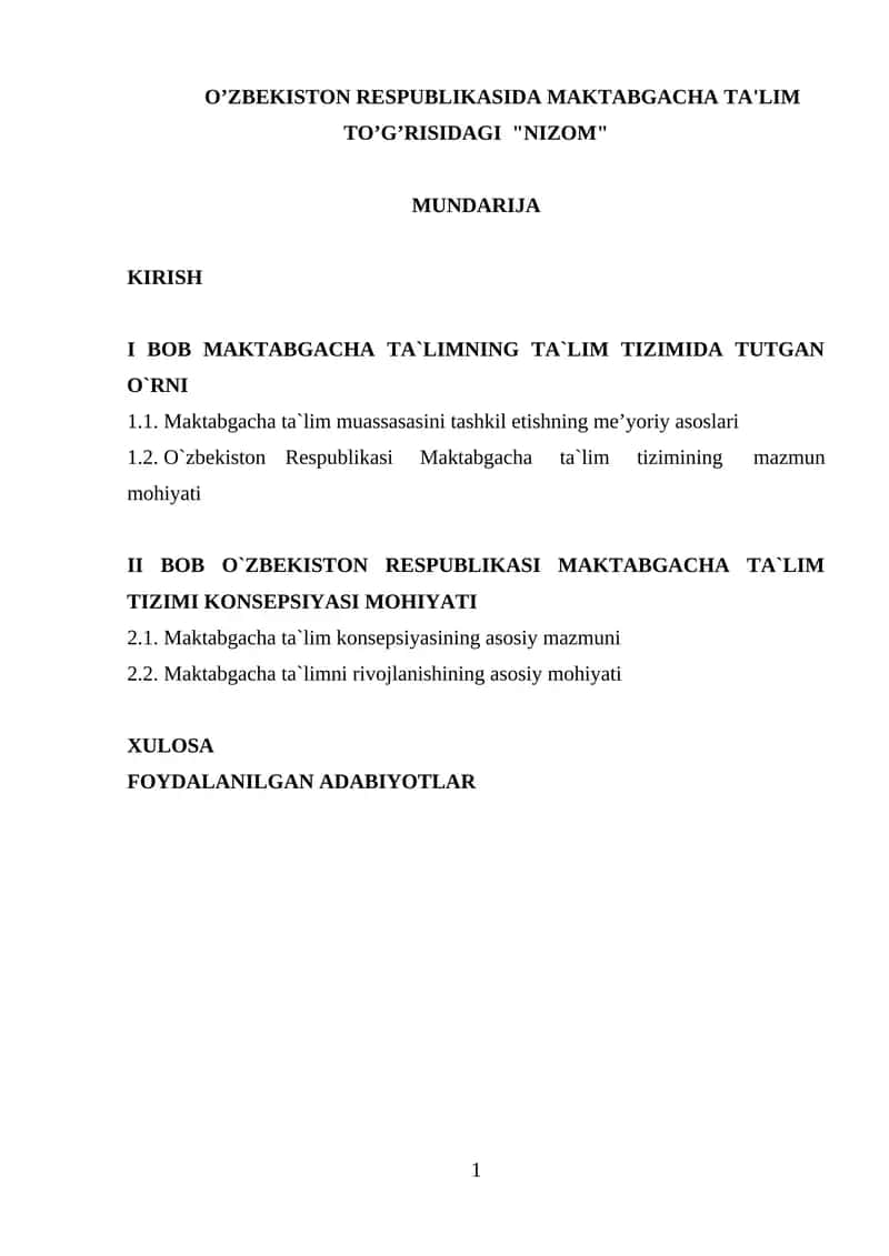 Oʻzbekiston Respublikasida Maktabgacha Ta'lim To'g'risidagi "Nizom" 1
