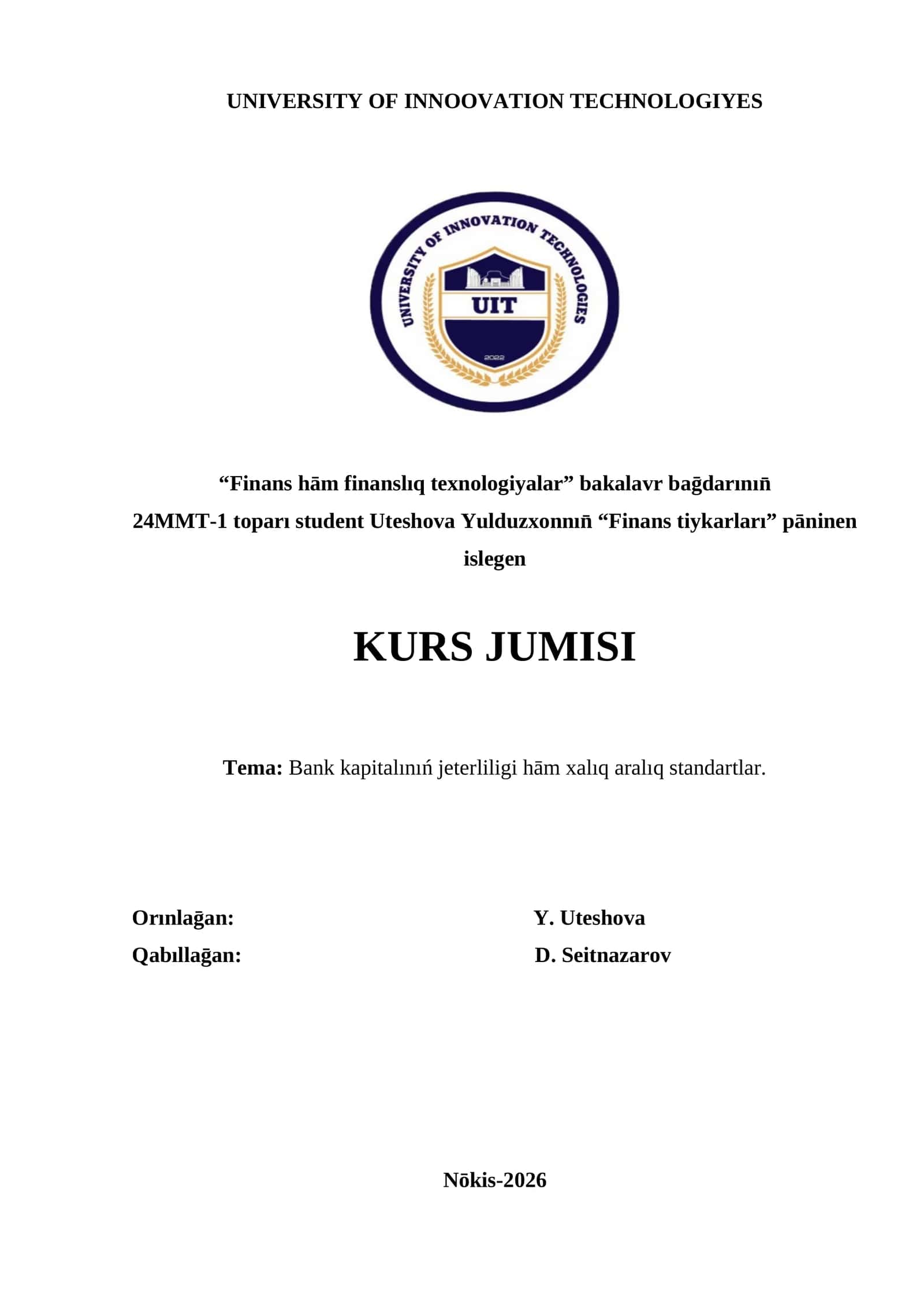 Bank kapitalınıń jeterliligi hām xalıq aralıq standartlar 1