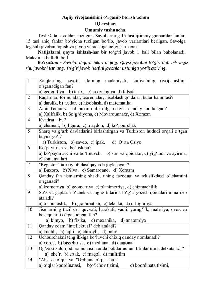 Aqliy rivojlanishini o‘rganib borish uchun IQ-testlari 1