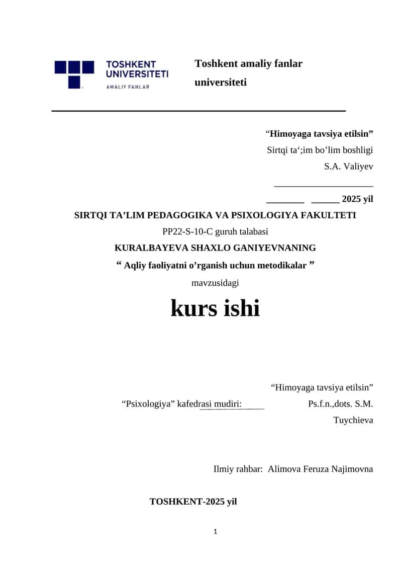Aqliy faoliyatni o’rganish uchun metodikalar 1