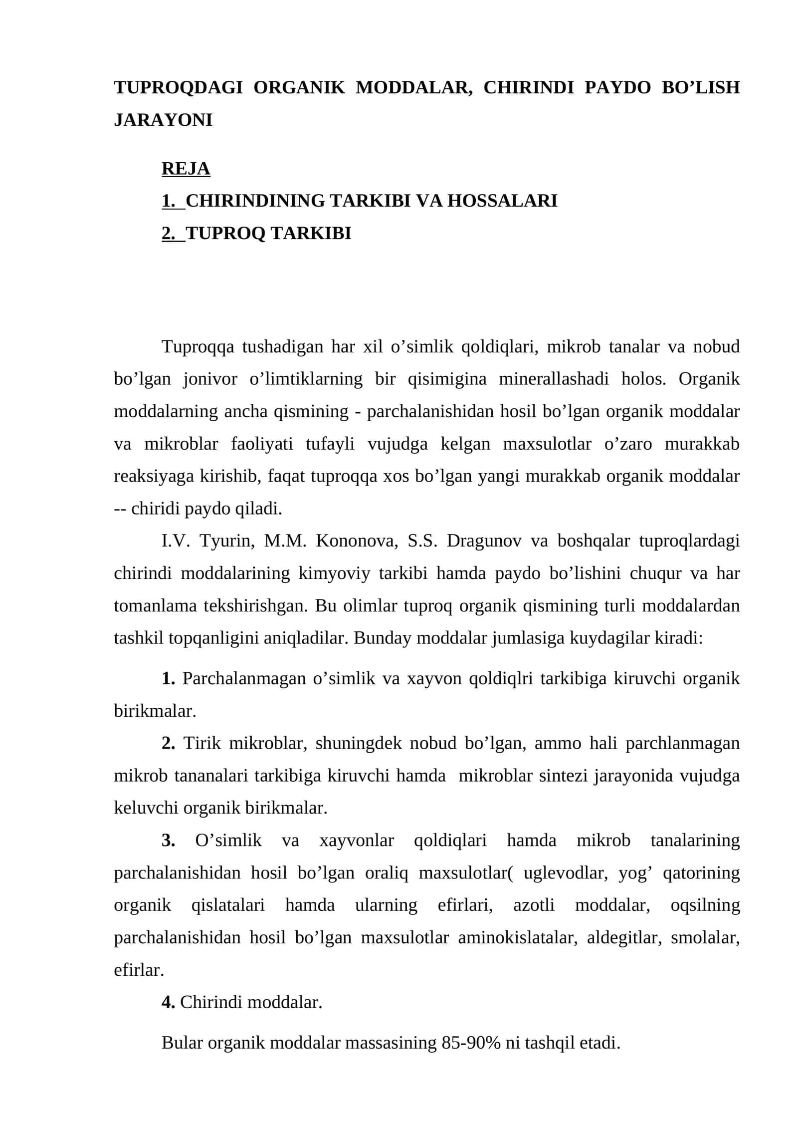 TUPROQDAGI ORGANIK MODDALAR, CHIRINDI PAYDO BO’LISH JARAYONI 1