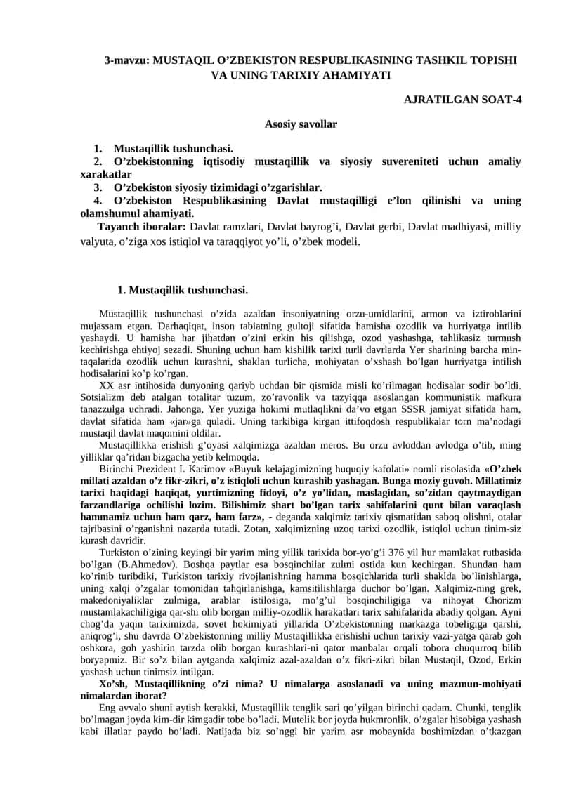 MUSTAQIL O’ZBEKISTON RESPUBLIKASINING TASHKIL TOPISHI VA UNING TARIXIY AHAMIYATI 1